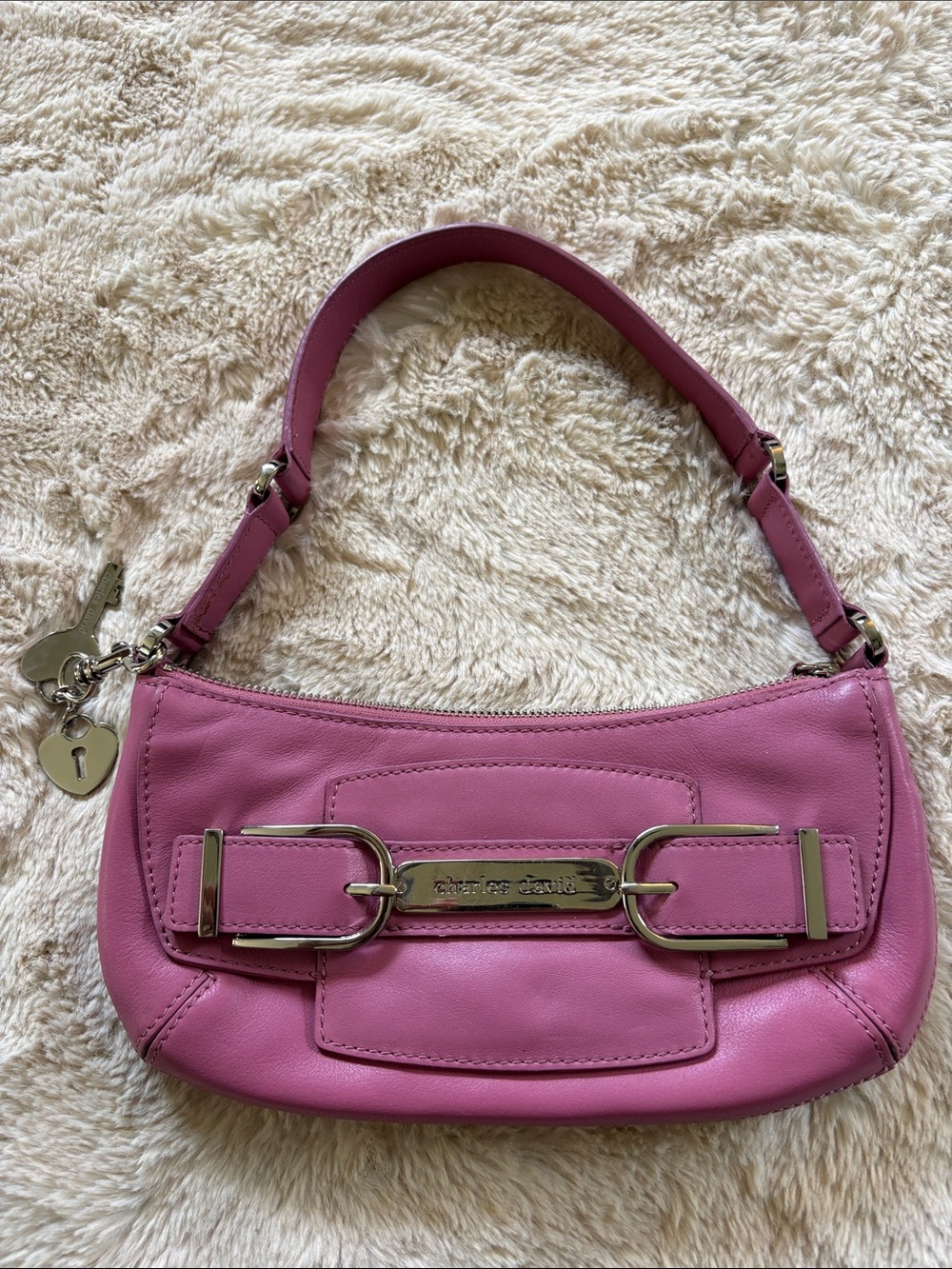 Charles David Y2K Rose Pink Leather Clutch Bag Silver Hardware